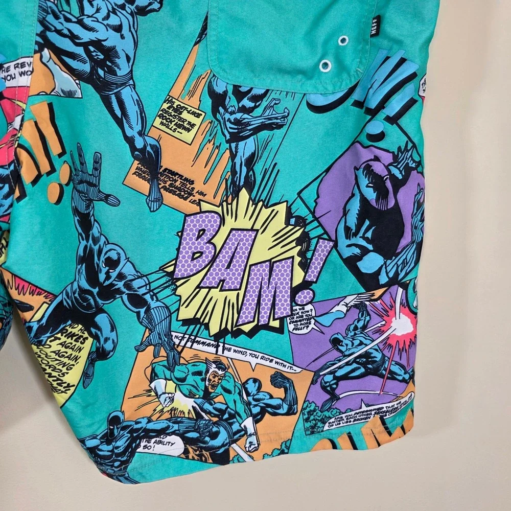 Neff Mens Shorts Black Panther Comic Print‎ Board Shorts Swim Trunks Teal Sz XXL